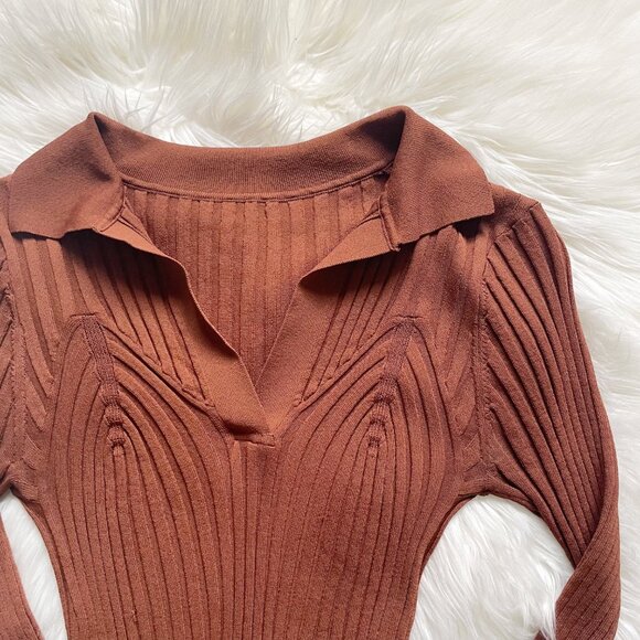 Totême Brown Orange Tobacco Arradon Rib Knit V-Neck Collar Long Sleeve Top - Picture 3 of 9